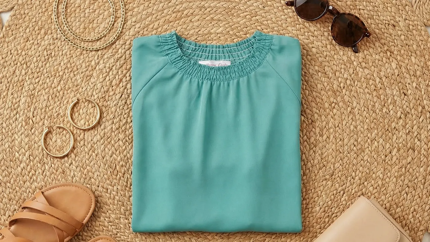 A smocked-neck top photographed flat, cloth first